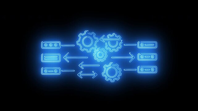 Glowing neon gear icons showing workflow automation and system optimization in digital blue theme