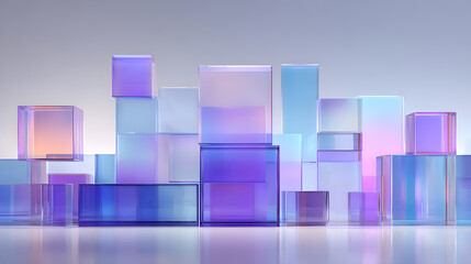 A collection of translucent, iridescent glass cubes and rectangles arranged in a cityscapelike formation, reflecting soft pastel colors