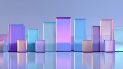 Abstract geometric composition of translucent rectangular prisms in varying heights and colors, arranged in a row against a soft blue background with reflections