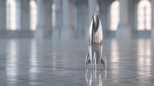 A sleek, metallic rocket standing proudly on a polished marble floor, reflecting light in a futuristic setting.