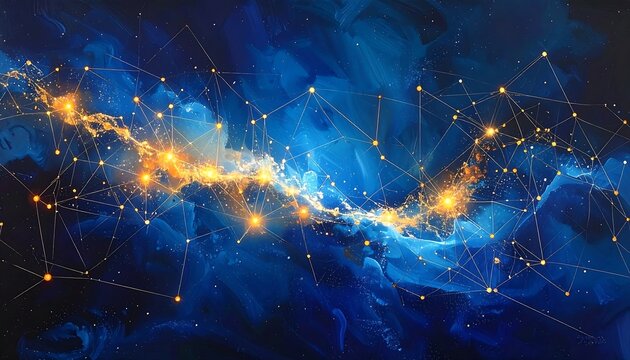 Abstract blue-hued artwork featuring a golden, networked structure overlaid on a dreamy, cosmic background - Powered by Adobe