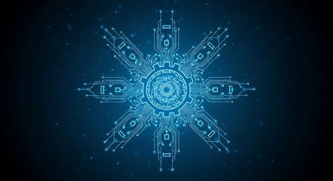 Abstract Futuristic Digital Circuit Board Pattern With Glowing Blue Lights And Particles - Powered by Adobe