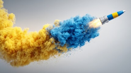 A vibrant rocket launches through a cloud of blue and yellow smoke, creating a dynamic and energetic visual impact.