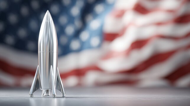 A sleek silver rocket model in front of a blurred American flag, symbolizing innovation and aspirations in space exploration.