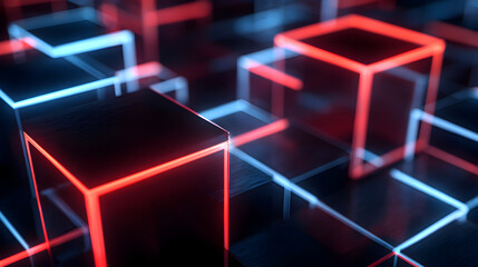 Abstract glowing cubes with red and blue neon outlines on a dark reflective surface, representing technology and data flow