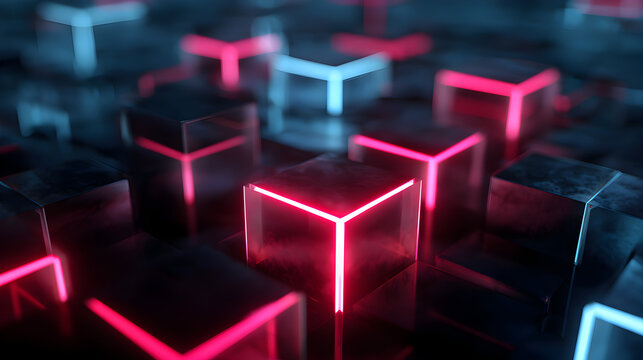 Closeup 3d render of dark cubes with illuminated neon red and blue edges, arranged in a receding pattern, creating a futuristic and abstract technological background