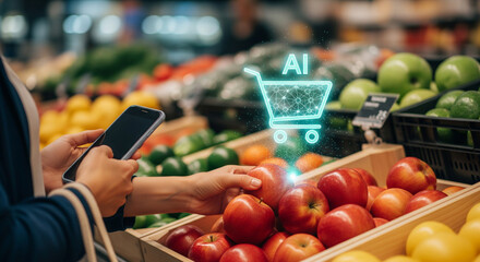Person using a smartphone in a grocery store, selecting an apple, with a glowing digital shopping cart and ai icon symbolizing smart shopping and artificial intelligence in retail