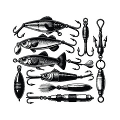 Vintage Monochrome Fishing Lures Set – Classic Angling Equipment Illustration