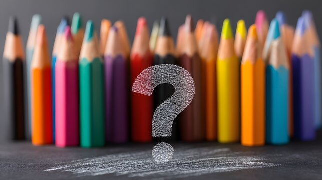 Colorful drawing implements stand behind a large chalk question mark drawn on a dark surface