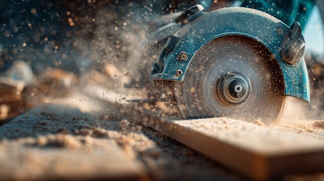 Close-up of a circular saw cutting through wood, creating a spray of sawdust and sparks in a workshop setting.