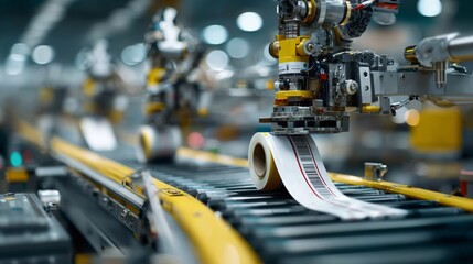 Fototapeta premium Automated machinery in a modern factory, focusing on a high-tech printing process with precision controls and vibrant colors.