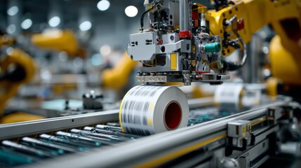 Fototapeta premium An industrial robotic arm efficiently applying labels to products on an assembly line, highlighting modern automation in manufacturing.
