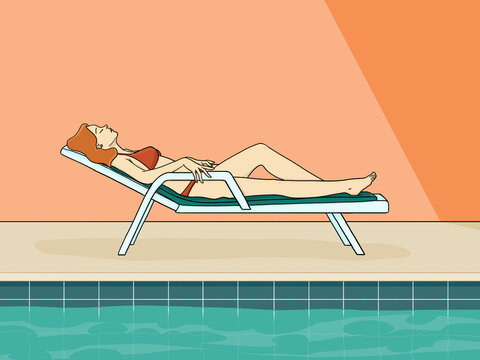 Woman sunbathing by swimming pool relaxing during summer vacation
