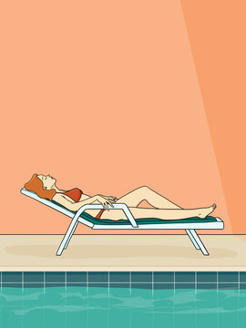 Woman sunbathing on lounge chair by swimming pool