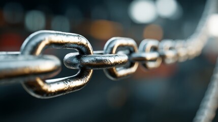 Obraz premium Close-up of a metallic chain link, showcasing its industrial strength and reflective surface in an abstract setting.