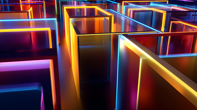 Illuminated geometric maze with bright yellow and blue neon edges, casting colorful reflections in a dark, abstract environment