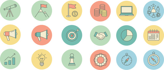Fototapeta premium Collection of oval icons representing business growth communication and technology concepts