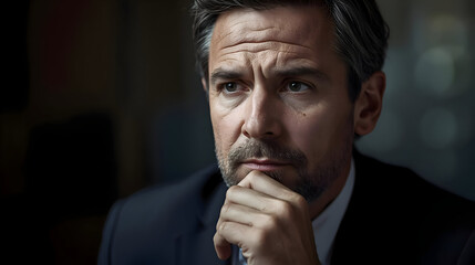 Pensive CEOs considering deployment of Ai and its impact on employees within their organizations. serious businessman thinking about corporate strategy and future technology