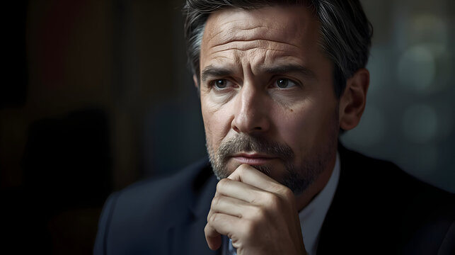 Pensive CEOs considering deployment of Ai and its impact on employees within their organizations. serious businessman thinking about corporate strategy and future technology