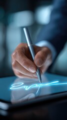 Businessman reviewing contract documents online validating quality management assessments in a digital environment with a focus on data analysis