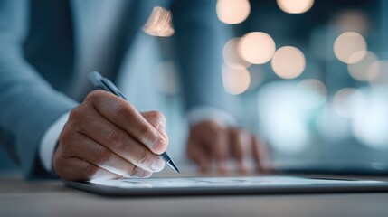 Businessman reviewing online contract validation checklist in modern office environment for quality assessment and document management analysis