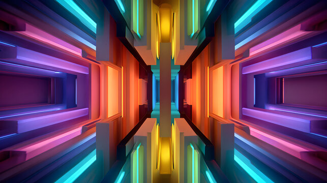Symmetrical futuristic tunnel or corridor with vibrant neon lights in blue, purple, orange, and yellow, creating a sense of depth and perspective