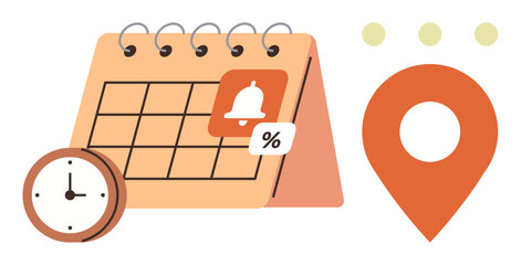 Desk calendar with reminder bell and discount icon, clock for time tracking, and location pin. Ideal for scheduling, planning, deadlines, reminders, travel, productivity simple flat metaphor