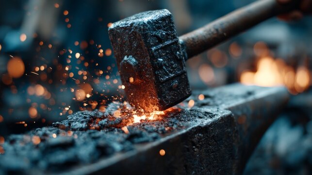 A skilled blacksmith hammers metal on an anvil, sending sparks flying in a warm, glowing workshop.