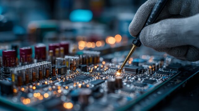 Close-up of a technician's hand repairing a circuit board with precision tools, illuminated by warm LED lights.