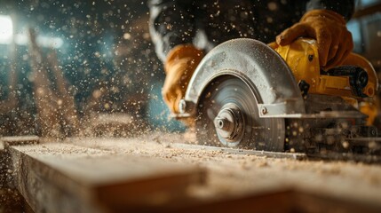 Action shot of a male carpenter using a circular saw, with flying wood shavings creating a dynamic and industrious atmosphere.