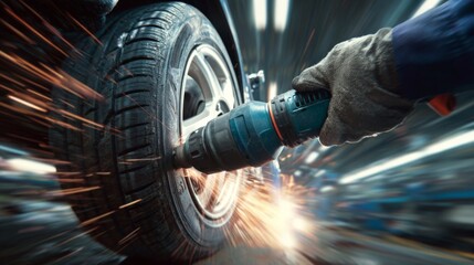 A close-up of a male mechanic using a power tool to tighten a tire in a bustling garage, sparks flying dramatically around him.