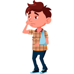 Sad Boy With Arm In Sling And Bandage Looking Downcast With A Concerned Expression Wearing Plaid Shirt And Blue Jeans Against A White Background With Transparent Background