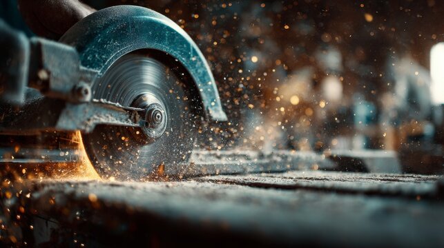 Close-up of a circular saw in action, sending sparks and wood shavings flying in a workshop setting.