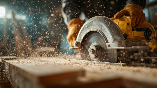 Action shot of a male carpenter using a circular saw, with flying wood shavings creating a dynamic and industrious atmosphere. - Powered by Adobe