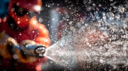 A masked firefighter in protective gear sprays water, creating splashes against a blurred background.