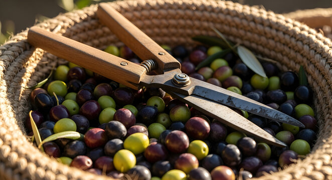 Freshly picked olives in a wicker basket