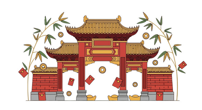 Traditional Chinese Gate with Festive Decorations.