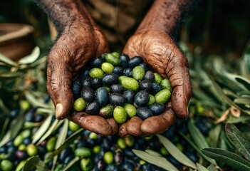 Hands of an african american man holding a vibrant mix of green and black olives, surrounded by olive branches, showcasing the harvest and connection to nature