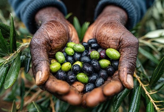 African man holding a variety of fresh olives in hands, showcasing green and black olives, surrounded by olive tree leaves, emphasizing organic farming and harvest