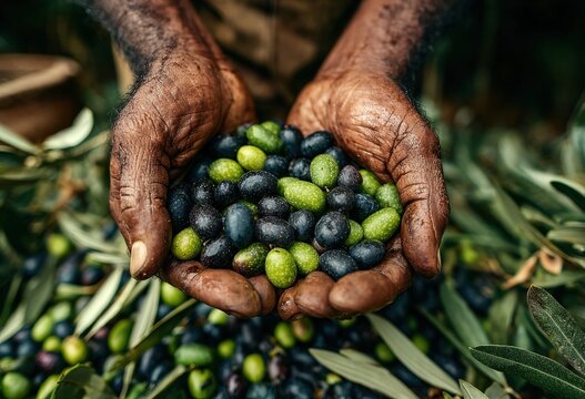 Hands of an african american man holding a vibrant mix of green and black olives, surrounded by olive branches, showcasing the harvest and connection to nature