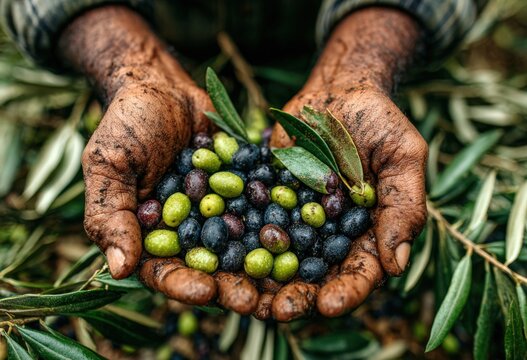 Hands of an agricultural worker, holding freshly harvested olives, showcasing a variety of colors, with dirt and olive leaves, emphasizing the connection to nature and sustainable farming practices