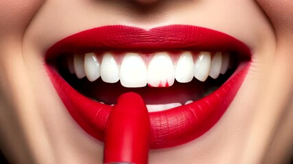 Close-up of a smiling woman applying bright red lipstick in a vibrant setting