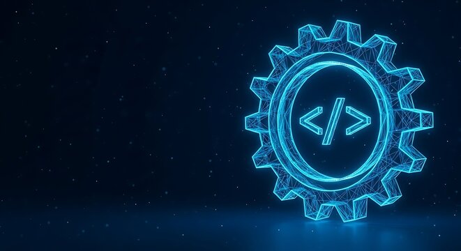 Digital Abstract Gear Symbol with Code Brackets Digital Transformation and Software Development
