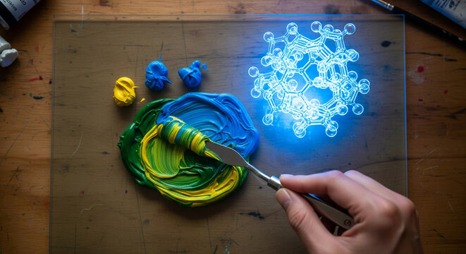 Artists hand mixing vibrant blue and green oil paints on a palette, with a glowing, abstract representation of a virus or molecule in the background, suggesting creativity and scientific exploration
