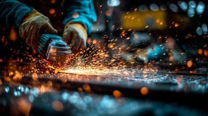 A skilled male worker uses a grinding tool, creating sparks in a dynamic workshop setting.