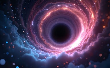 Abstract energy tunnel in space. Wormhole travel through time and space. Wormhole space deformation, science fiction. Black hole, vortex hyperspace tunnel. 3D rendering. High quality