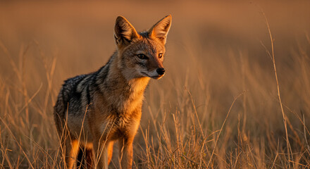 Fototapeta premium Golden Jackal portrait with bright sun backlight and wild grass in African savanna environment with warm colors