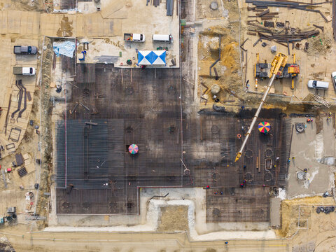 Aerial Factory Construction Site Foundation and Equipment