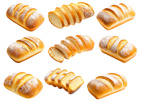 Set of English Muffin bread with a soft texture, dusted with flour, isolated on white transparent background