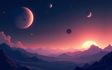 tranquility of a cosmic landscape with a vector scene illustrating a serene view of distant planets and moons. soft glow of celestial bodies against the backdrop of space. High quality